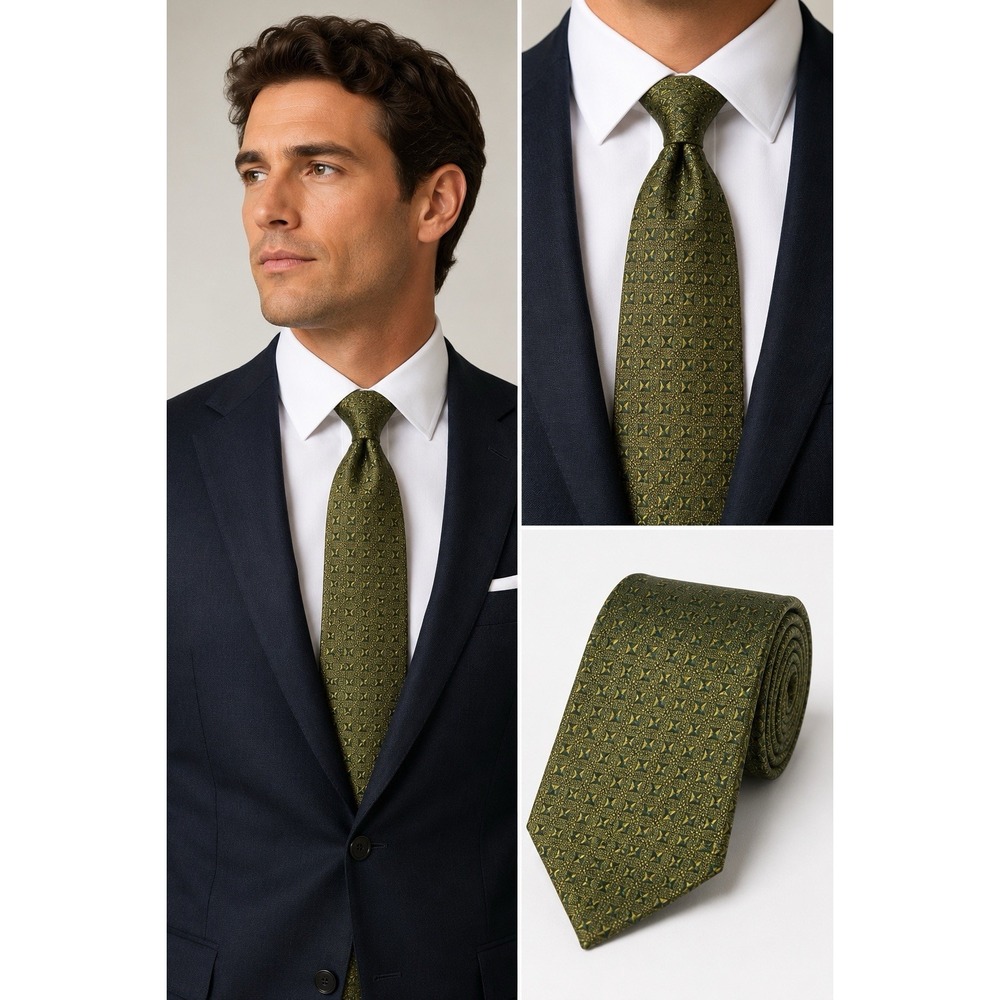 Milano Moda Mens 100% Silk Tie Made in Italy Green Gold Geometric Necktie